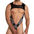Black gigo menÃ¢â‚¬â„¢s lingerie foamy harness with shiny mesh top and bold white logo straps front view