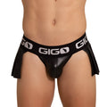 Black leather like gigo brand briefs with pleated skirt design and white logo trim in gigo foamy jockskirt product