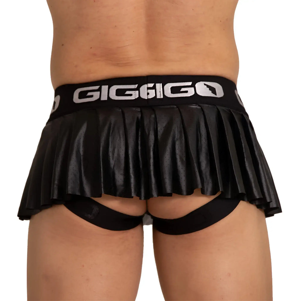Black pleated leather-like skirt briefs with giggigo branding on the waistband from gigo foamy jockskirt collection