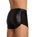 Black gigo foamy short showing back with shiny patent leather like material and breathable mesh panels