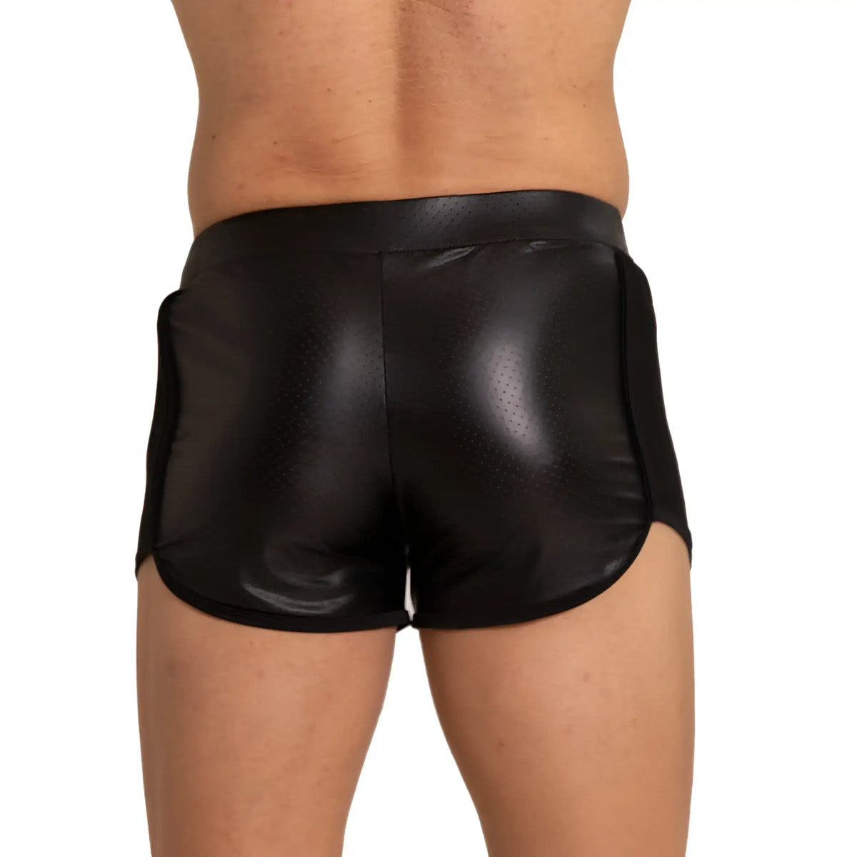 Black shiny faux leather gigo foamy shorts with form-fitting design and subtle perforated detailing on the back