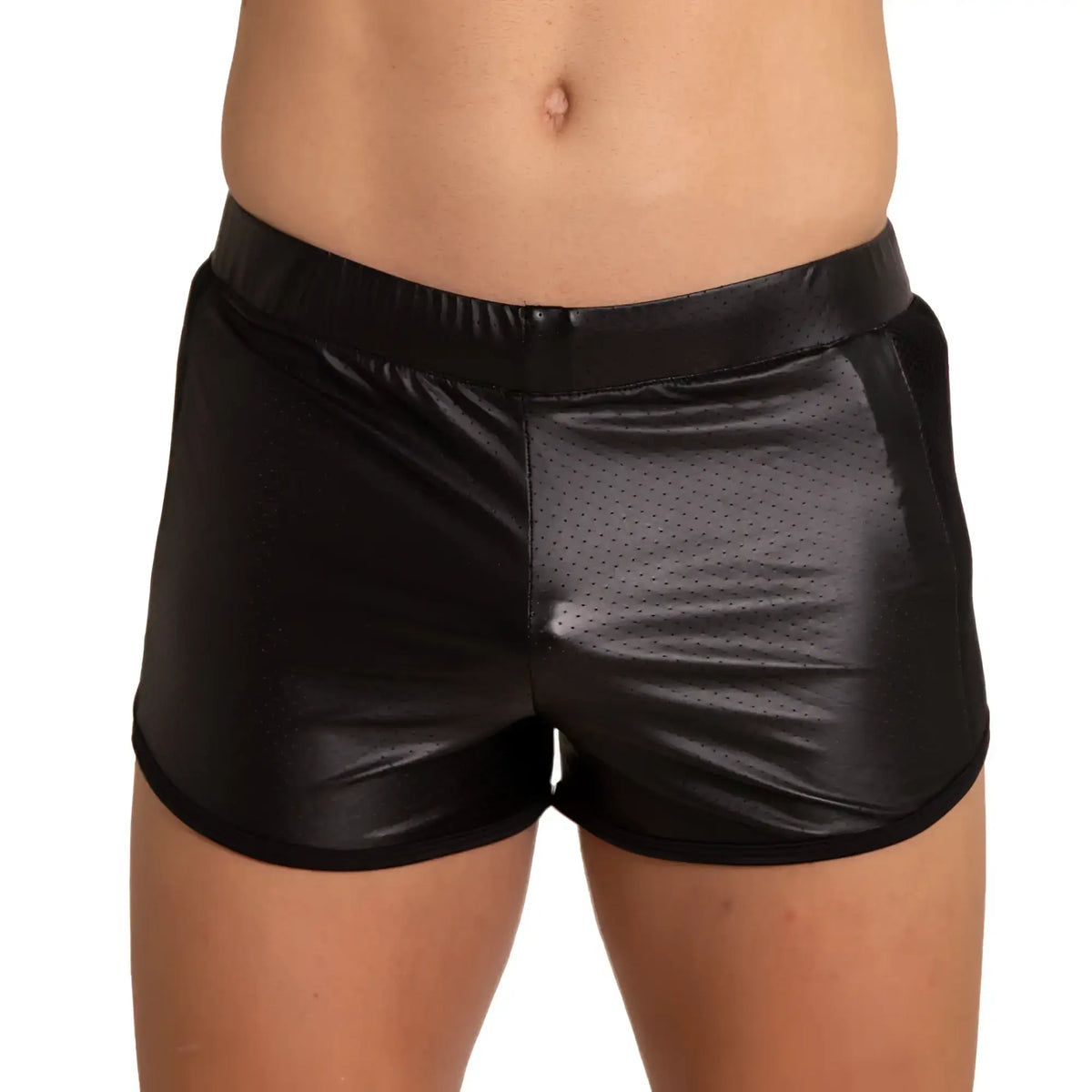 Black shiny faux leather gigo foamy shorts with a perforated front panel for a stylish edgy look