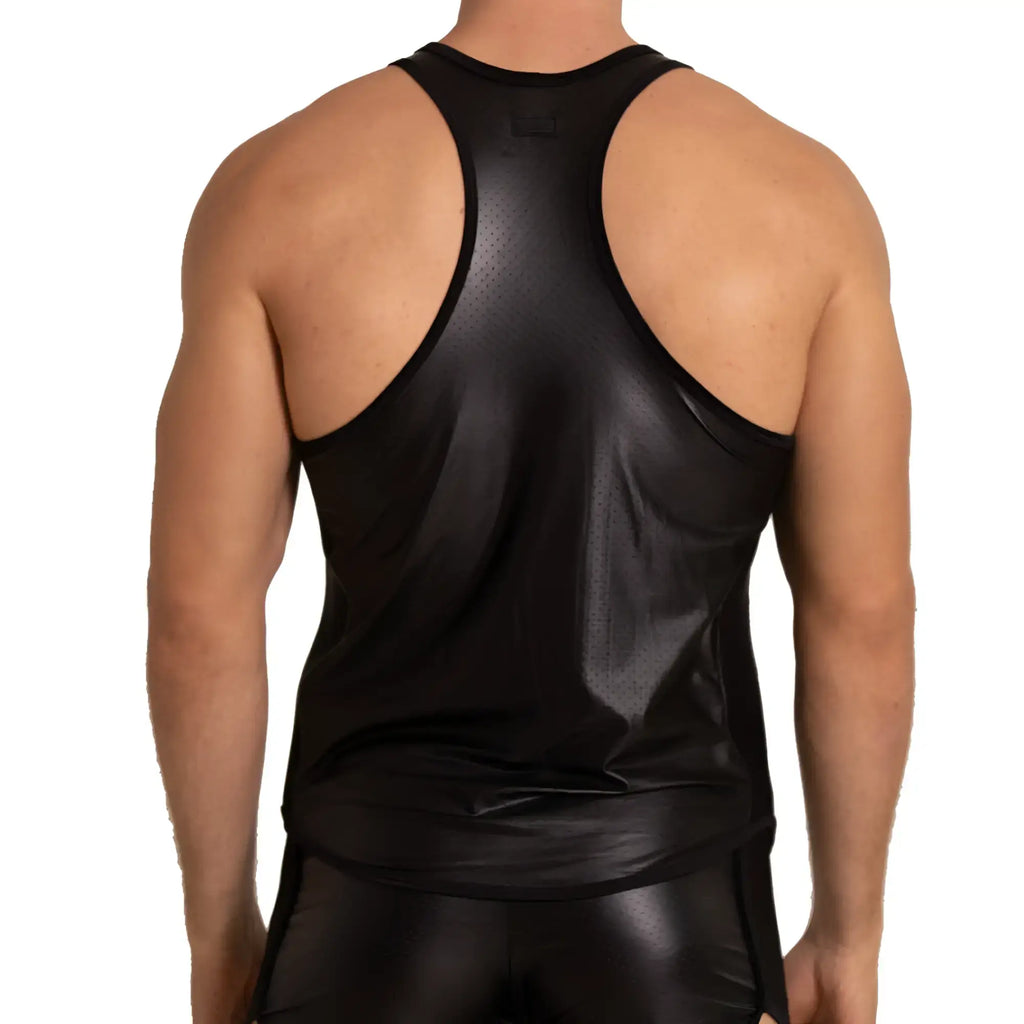 Black shiny faux leather tank top with a mesh panel at the back from gigo foamy tank collection