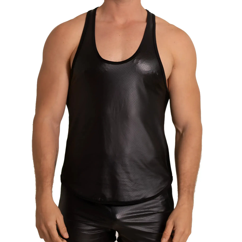 Black glossy faux leather tank top with subtle perforated texture across the chest from Gigo Foamy Tank