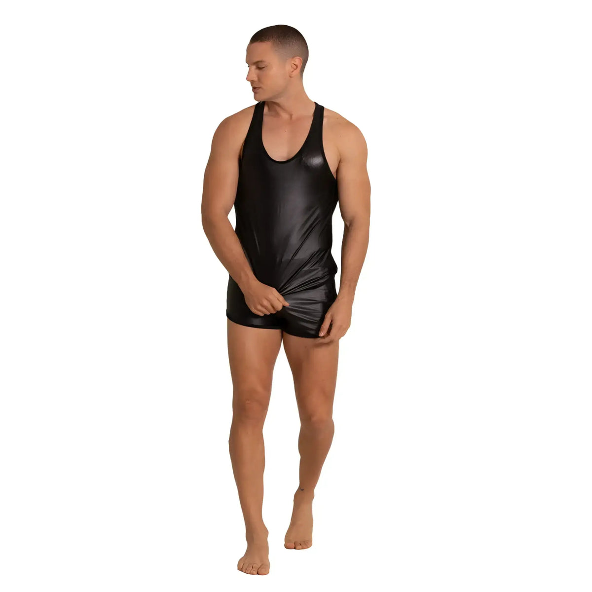 Black shiny faux leather gigo foamy tank top paired with short shorts for edgy casual wear