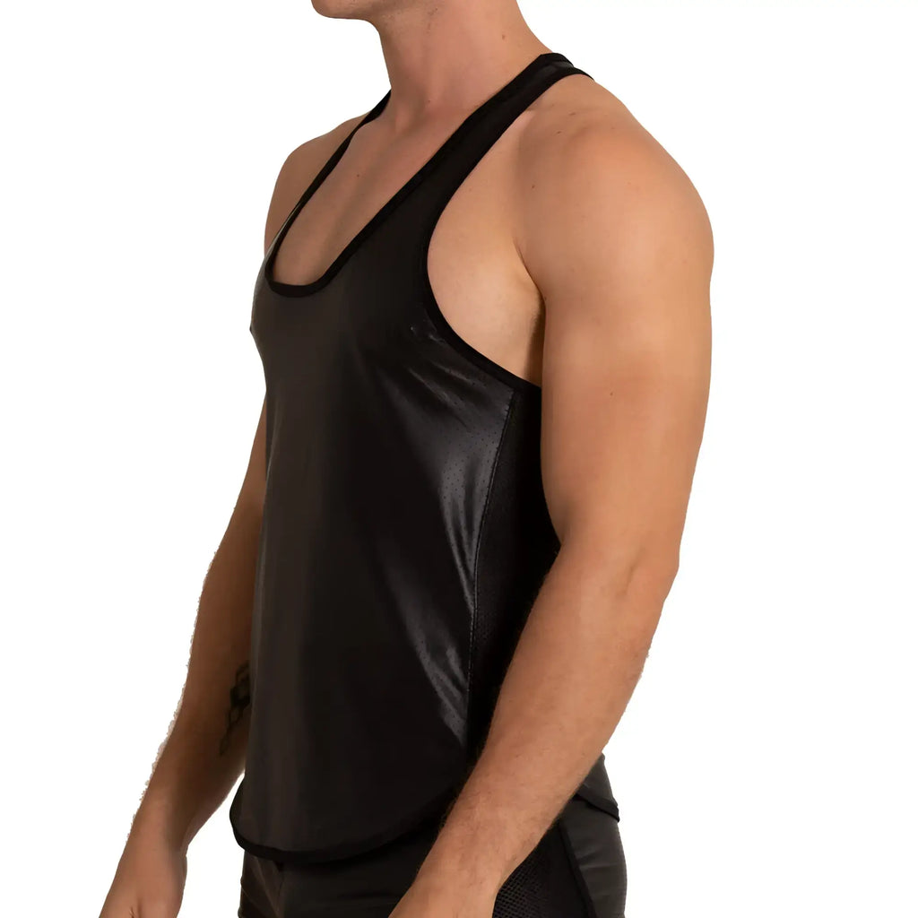 Black shiny faux leather Gigo Foamy tank top with mesh side panels for a stylish edgy look
