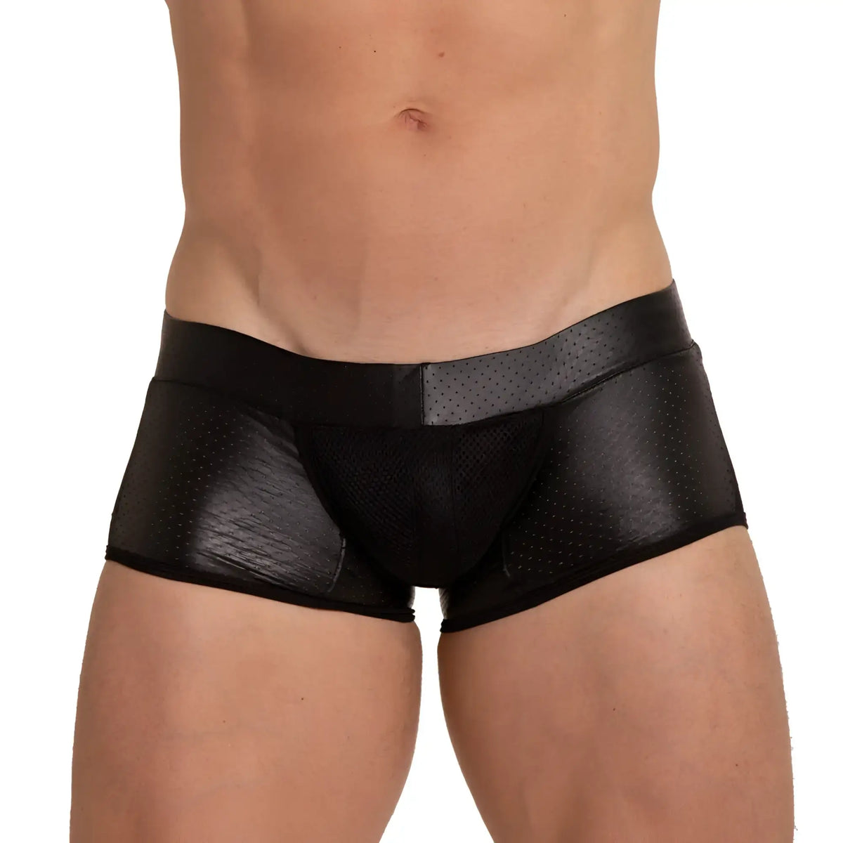 Black gigo foamy trunk faux leather briefs with perforated mesh panel on waistband shown from the front