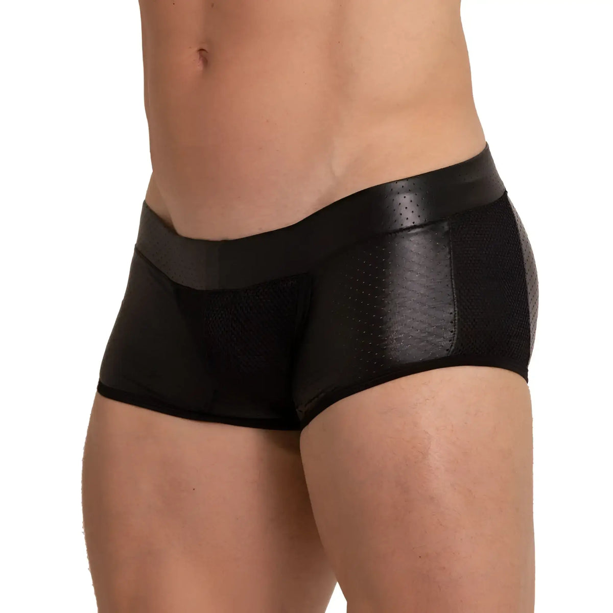 Black menÃ¢â‚¬â„¢s briefs gigo foamy trunk with glossy faux leather waistband and perforated mesh panels