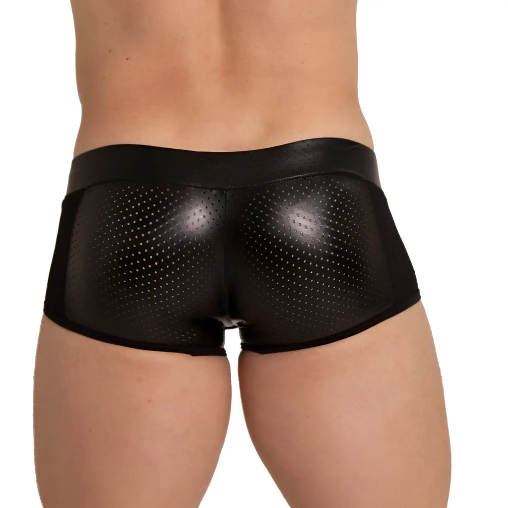 Black perforated faux leather Gigo Foamy Trunk briefs with a sleek glossy finish and a snug fit