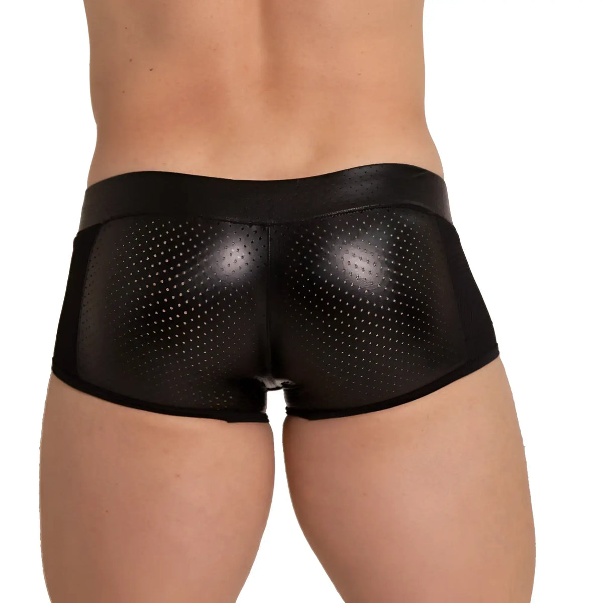Black perforated faux leather Gigo Foamy Trunk briefs with a sleek glossy finish and a snug fit