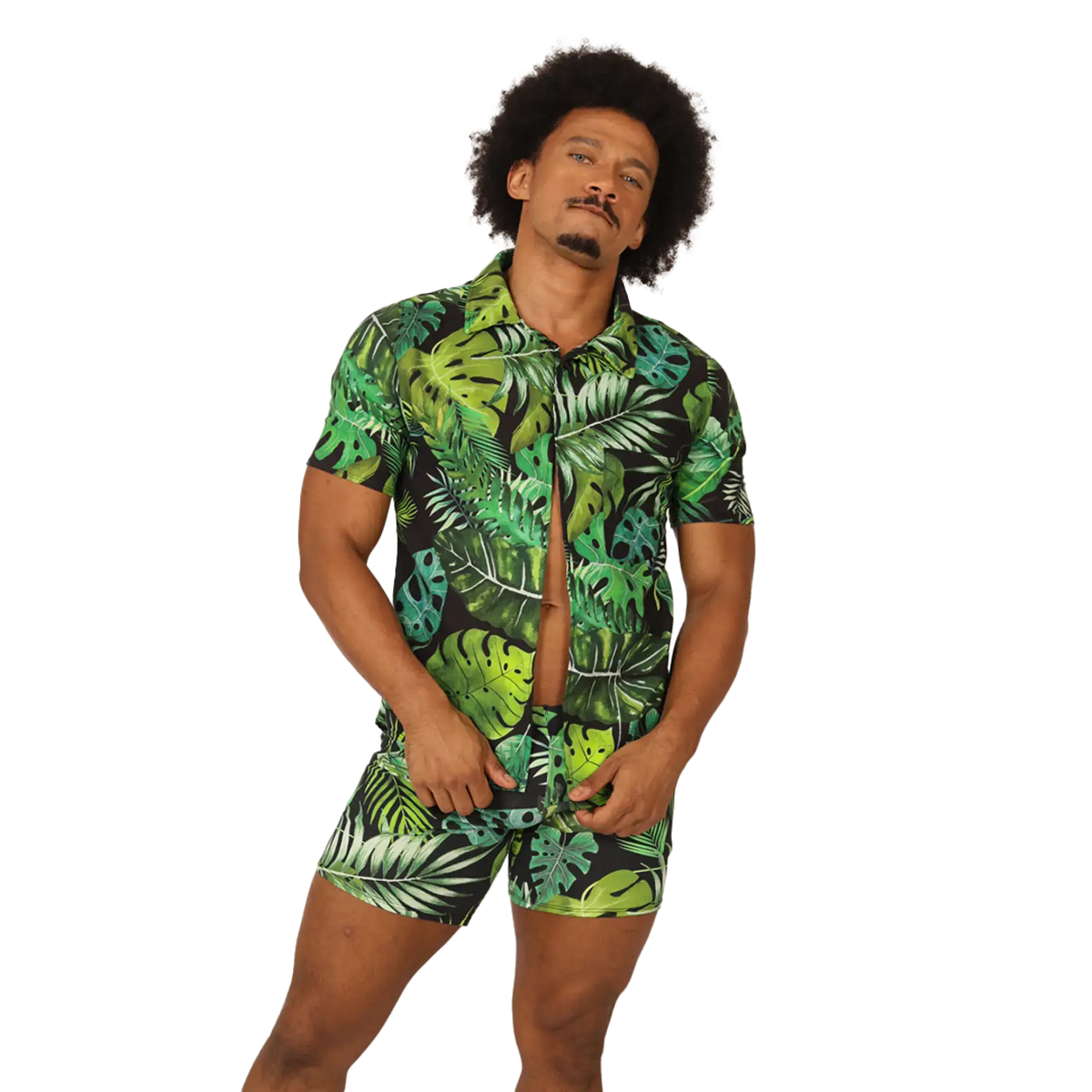 Gigo forest shirt green tropical leaf patterned short-sleeved button-up shirt and matching shorts set