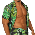 Gigo forest shirt short-sleeved button-up with vibrant green tropical leaf pattern on black base fabric