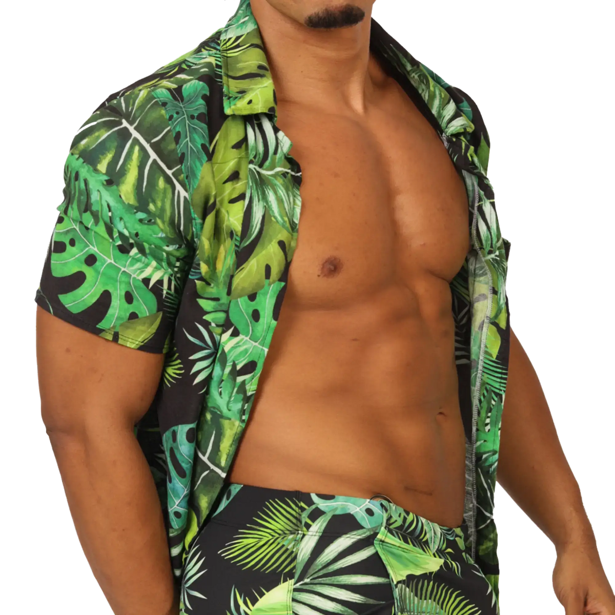 Gigo forest shirt short-sleeved button-up with vibrant green tropical leaf pattern on black base fabric