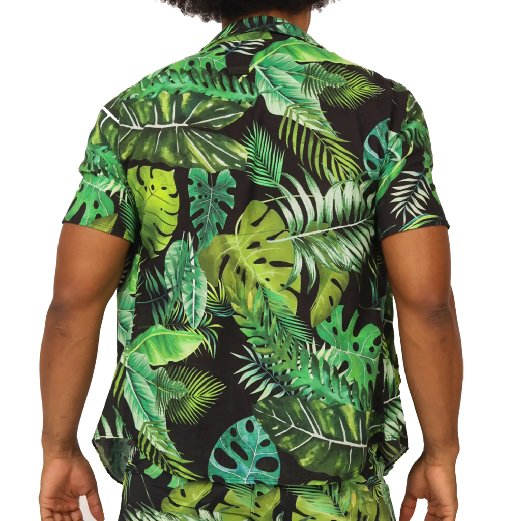 Gigo Forest Shirt vibrant tropical leaf patterned short-sleeve shirt in green shades on black background