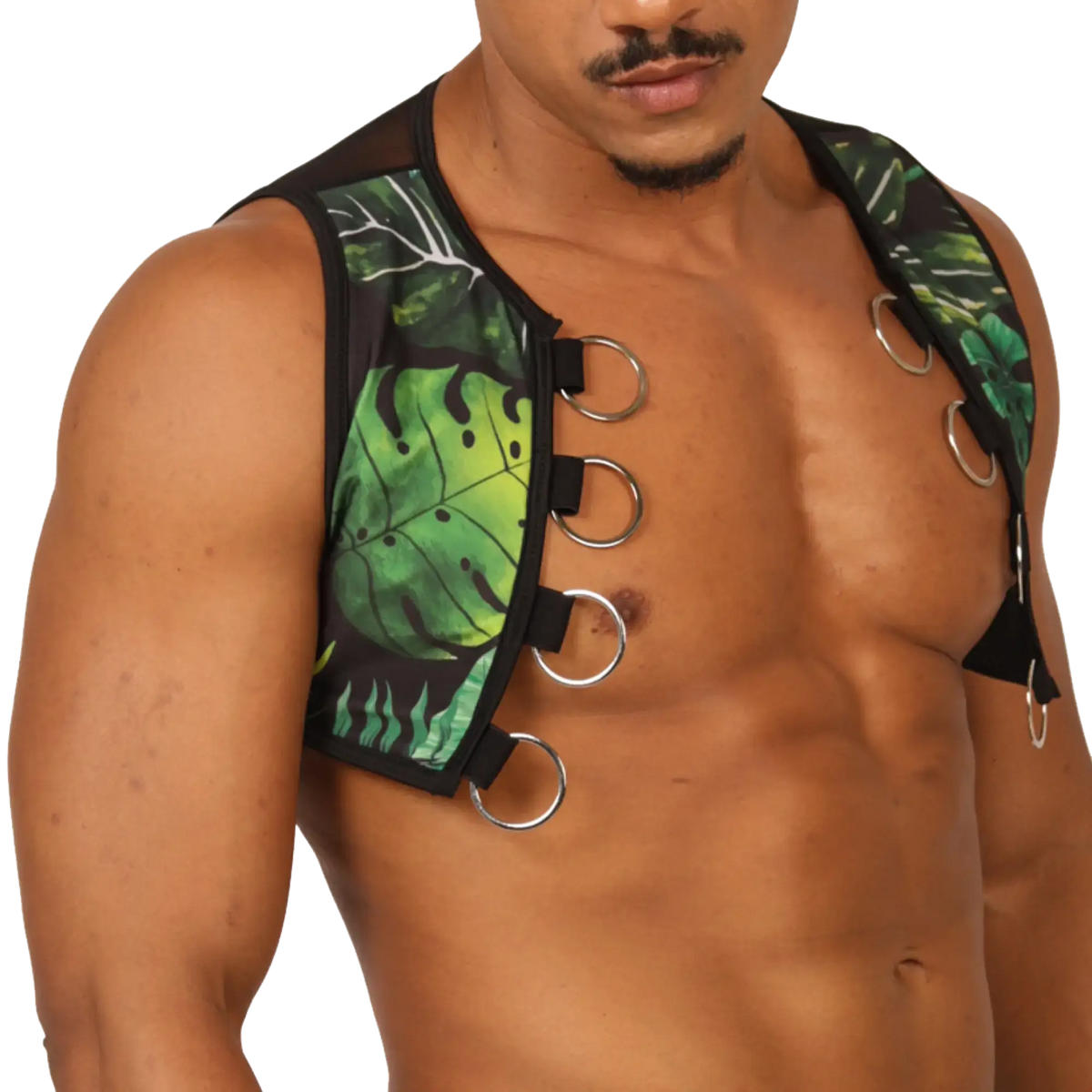 Black and green tropical leaf-patterned gigo forest vest harness with silver metal rings front view