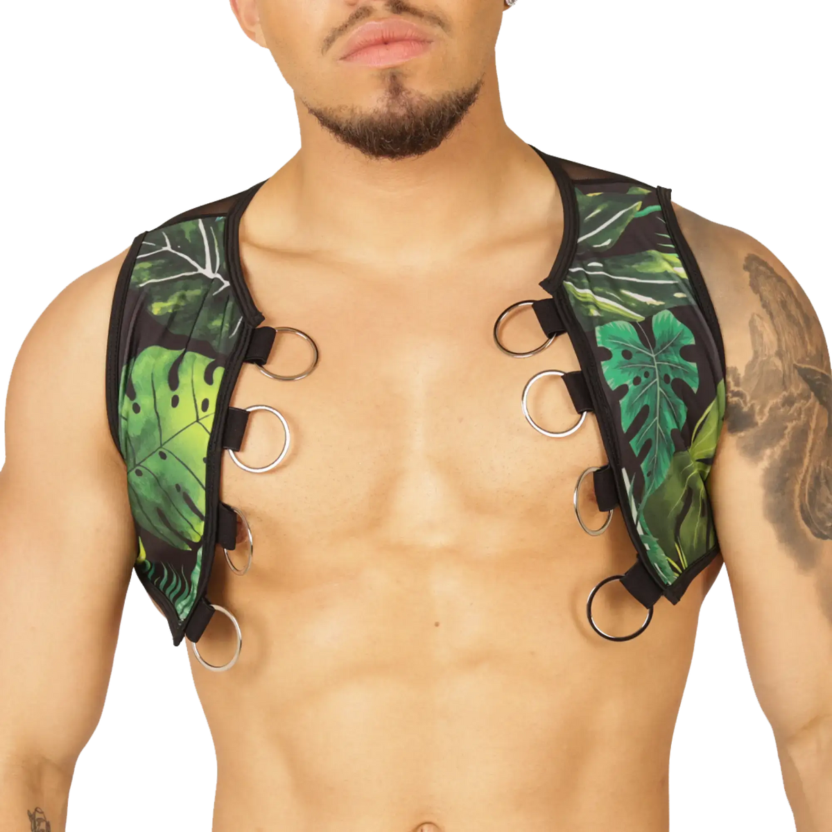Green tropical leaf patterned gigo forest vest harness with black trim and silver metal rings for secure fit