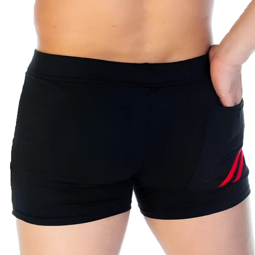 Black athletic shorts gigo forever featuring a red diagonal stripe on the side pocket for sporty style