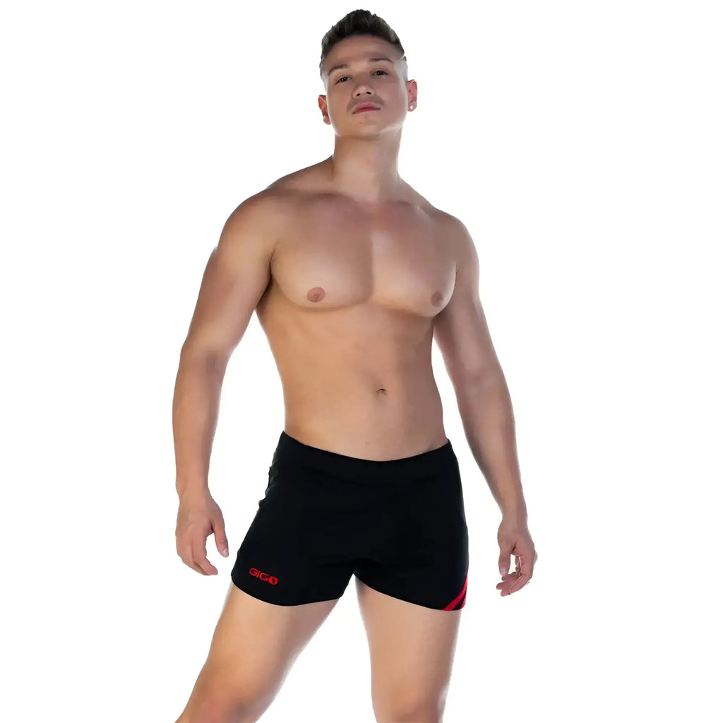 Black athletic shorts with red accents and gig logo on left leg gigo forever black red short