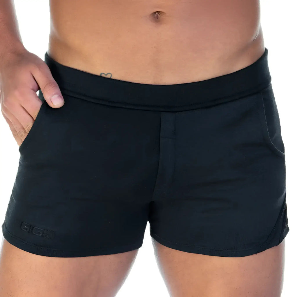 Gigo forever black black shorts with ribbed waistband side pockets and embroidered gig logo on lower left leg