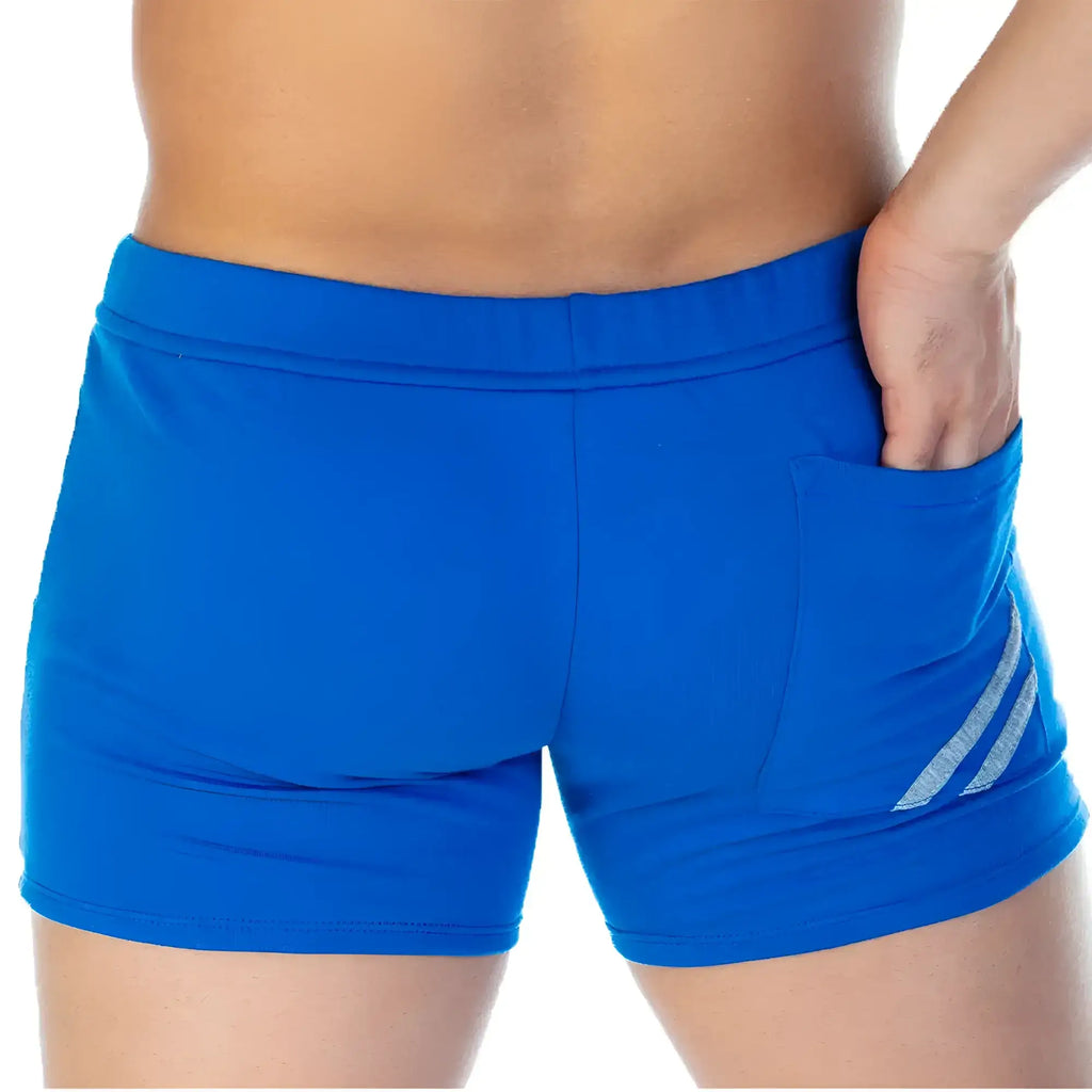 Bright blue gigo forever blue king athletic shorts with ribbed waistband, side pockets, and silver diagonal stripes