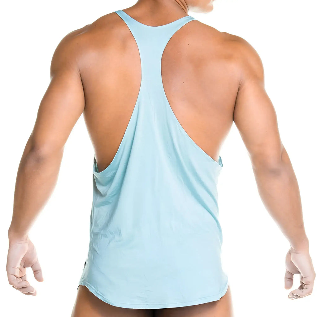 Light blue gigo forever blue racerback tank with cutout back and soft stretchy fabric shown from the back side