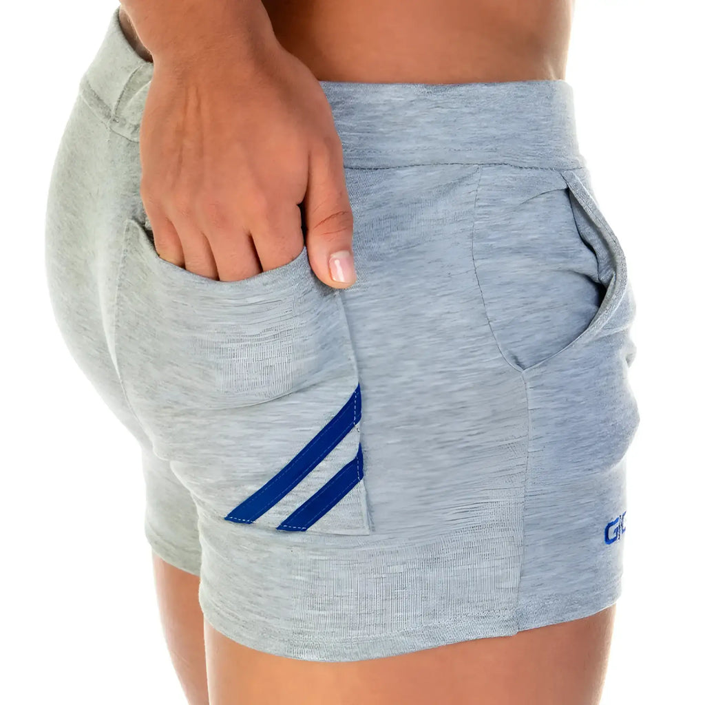 Gray heathered gigo forever gray blue short sweatshorts with blue diagonal stripes on side pockets and small brand logo