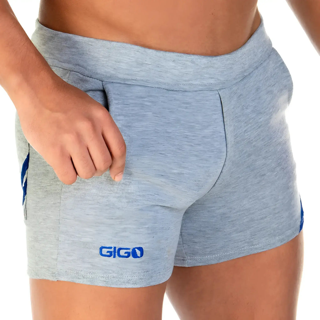 Gray heathered athletic shorts with blue side stripes and gigo logo on lower left leg for sporty casual wear