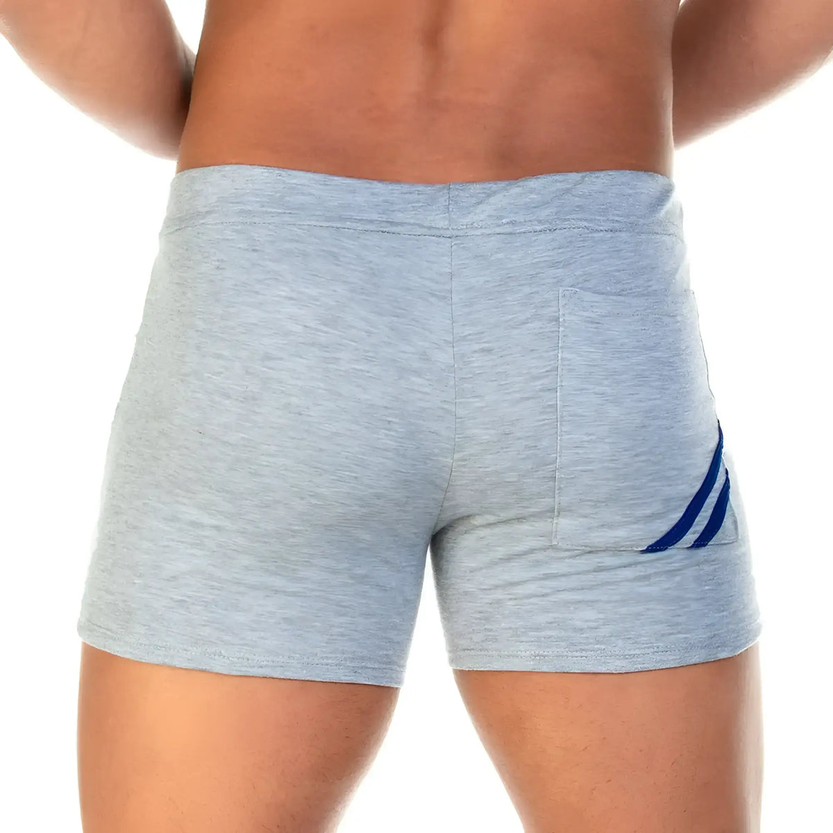 Gray heathered Gigo Forever gray blue athletic shorts with a navy blue diagonal stripe on the side