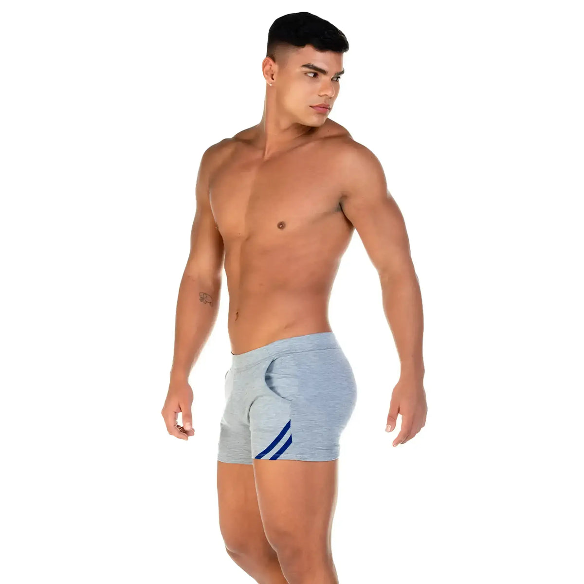 Gigo Forever gray blue short athletic briefs with navy blue diagonal stripes on the side for active wear