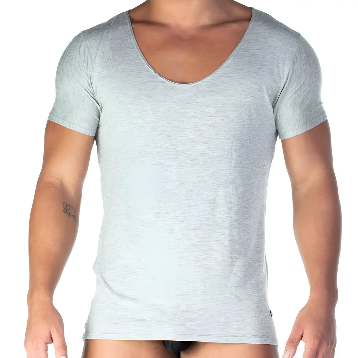 A slim-fit heather gray short-sleeved gigo forever gray tshirt with a deep scoop neckline made of soft fabric