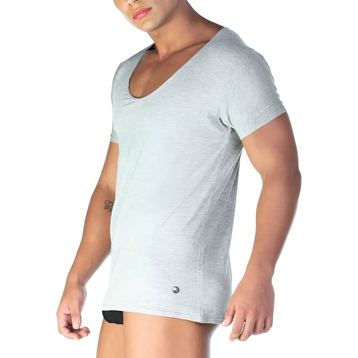 Gigo Forever gray tshirt light gray v neck short sleeve with subtle heathered texture and small metallic button hem