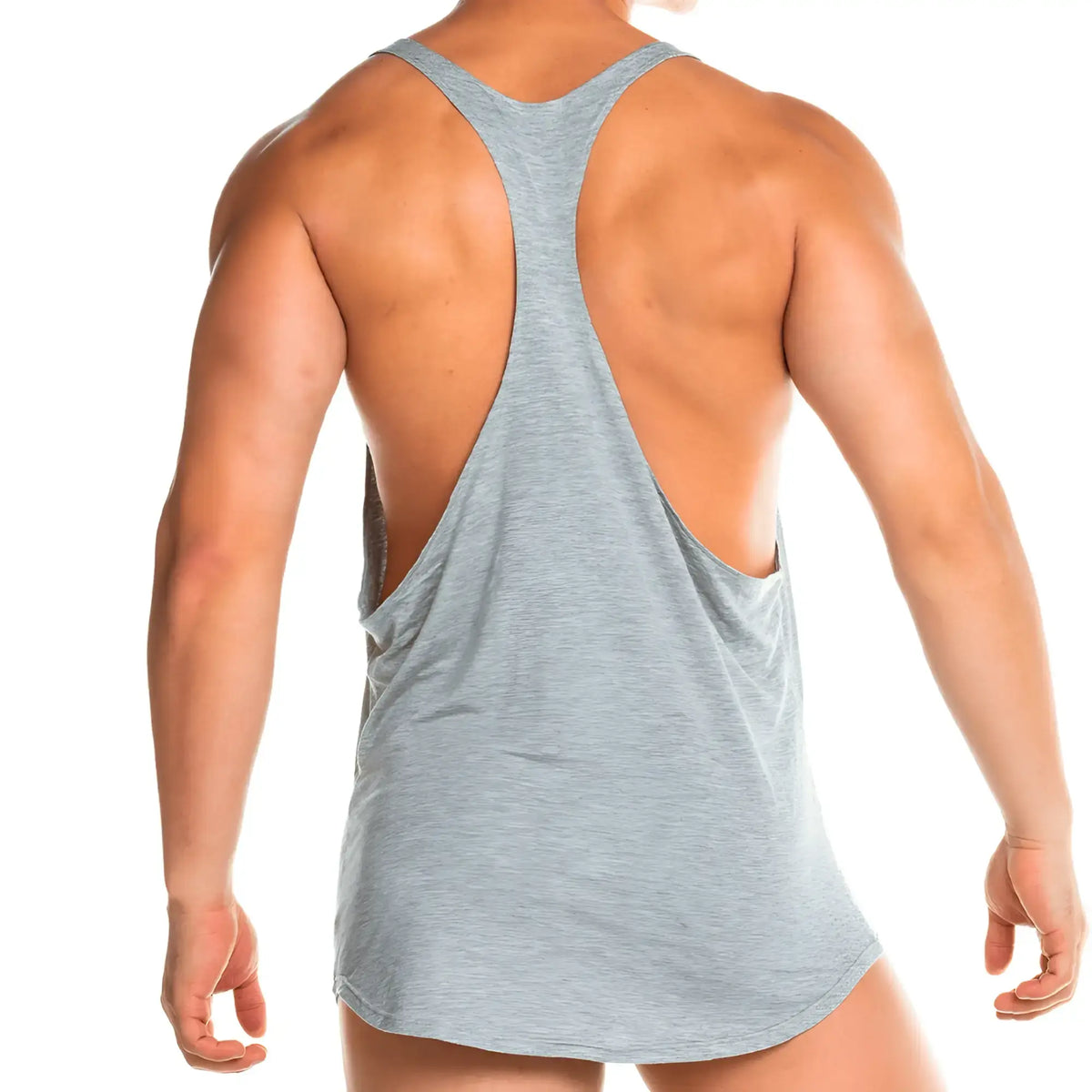 Back view of gigo forever gray tank muscle tank top with gray heathered fabric wide open back and racerback straps