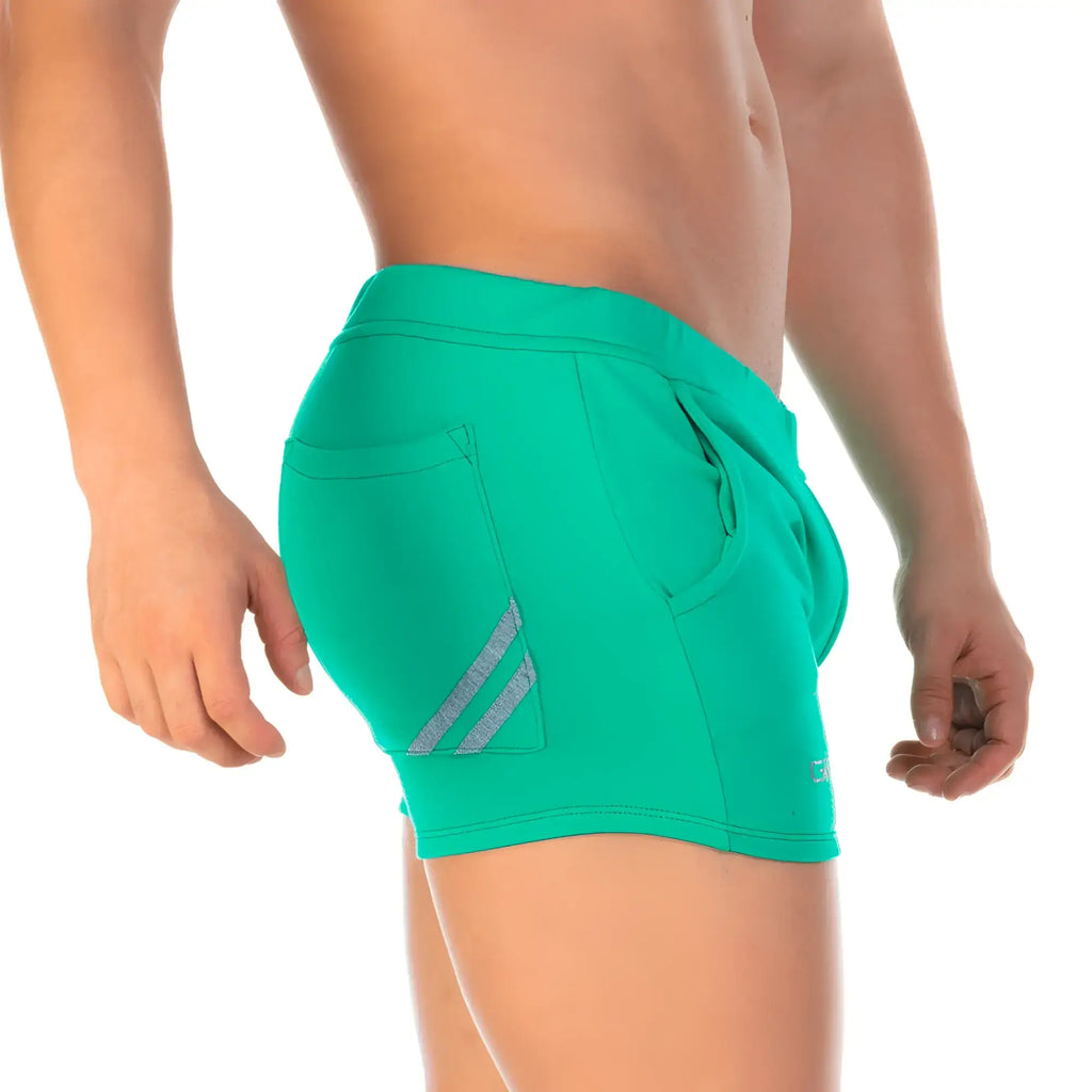 Teal gigo forever green short with silver diagonal stripes on side pocket designed for athletic use
