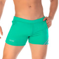 Bright teal Gigo Forever Green athletic shorts with gray diagonal stripe and embroidered logo near the hem