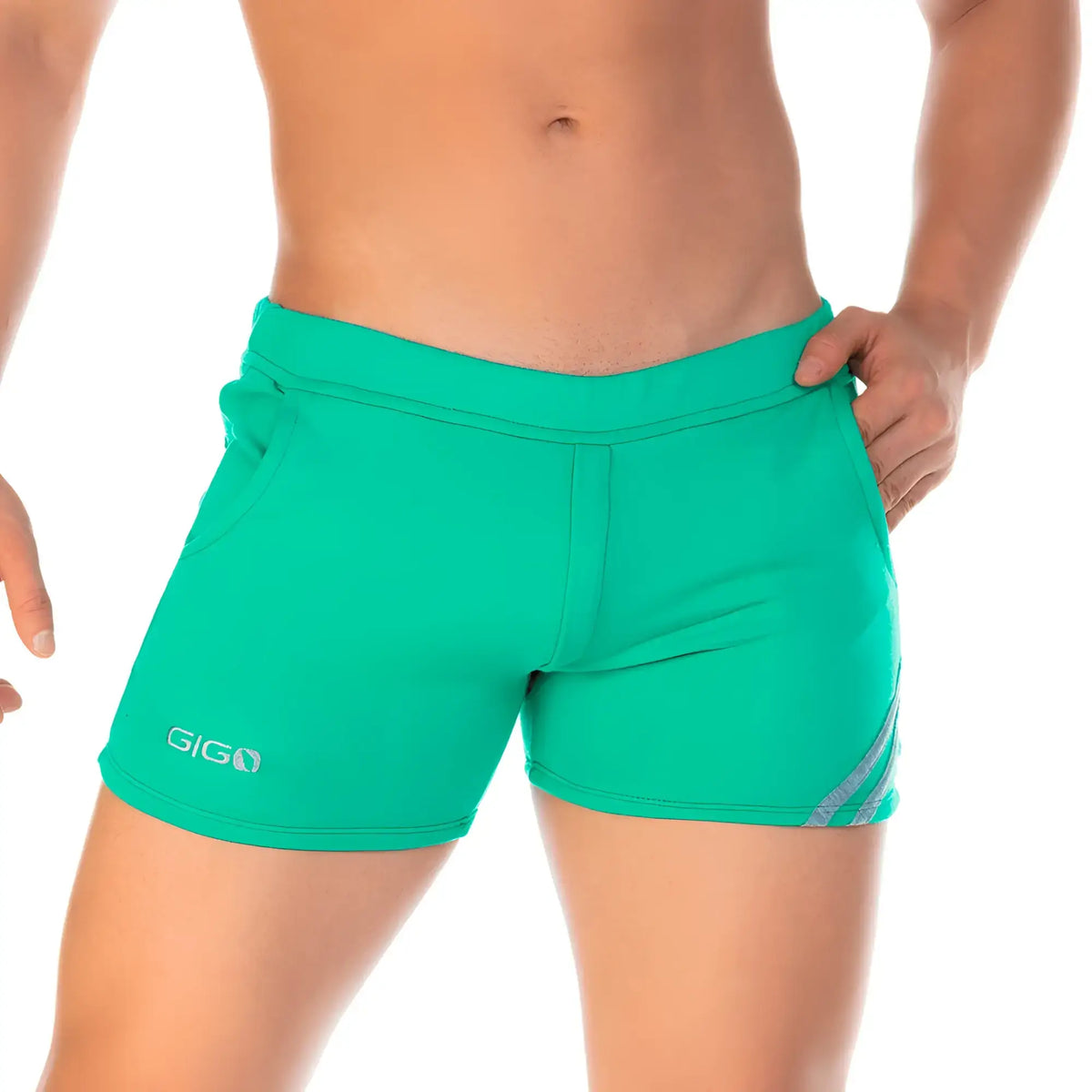 Bright teal Gigo Forever Green athletic shorts with gray diagonal stripe and embroidered logo near the hem