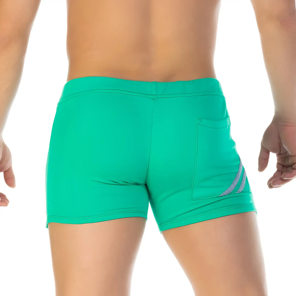 Bright teal gigo forever green athletic shorts with gray diagonal stripe on side pocket for active wear