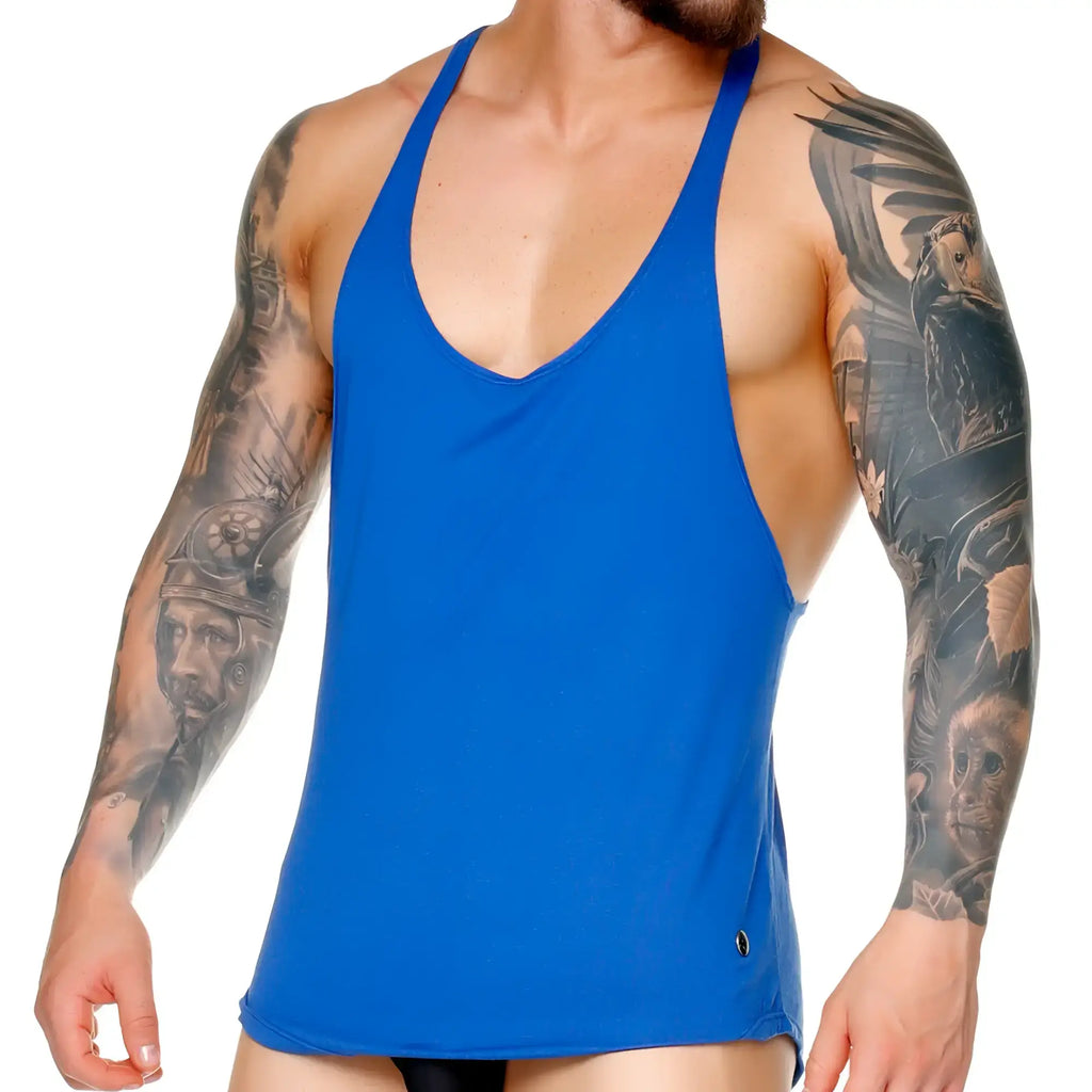Blue racerback tank top with deep v-neckline and side slits from gigo forever king blue tank collection