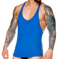 Blue racerback tank top with deep v-neckline and side slits from gigo forever king blue tank collection