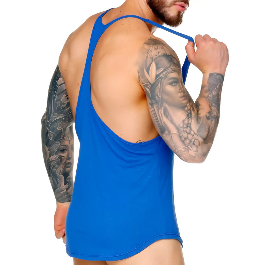 Blue tank top with backless design and thin straps from gigo forever king collection