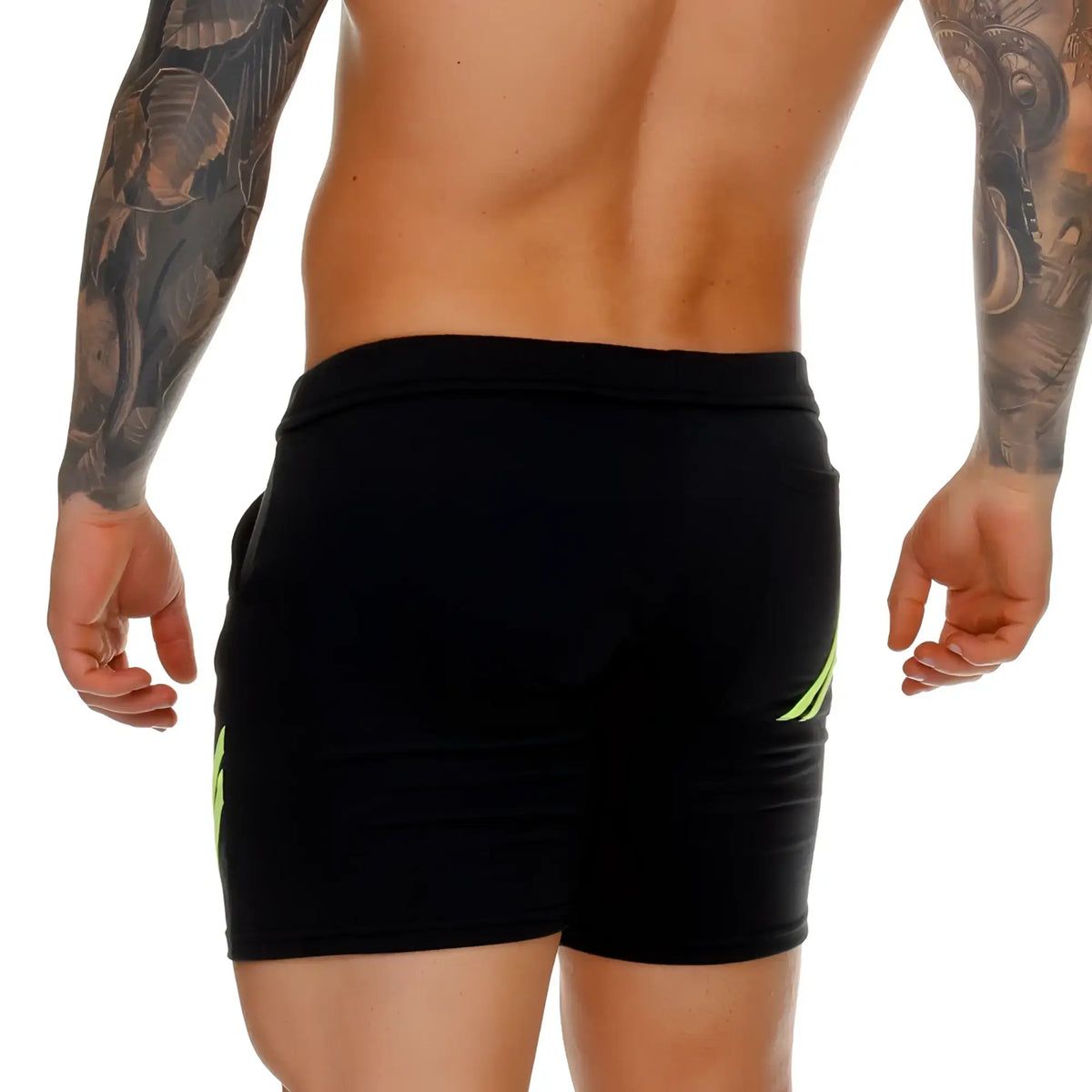 Gigo Forever Long black athletic shorts with neon green side stripes designed for active use