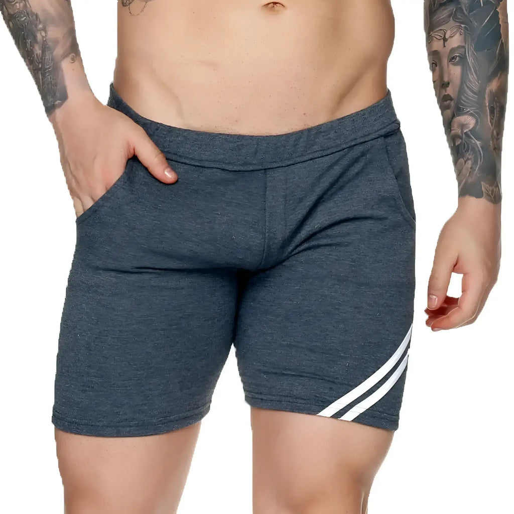 Gigo Forever Long gray athletic shorts in dark heather gray with white diagonal side stripes for active wear