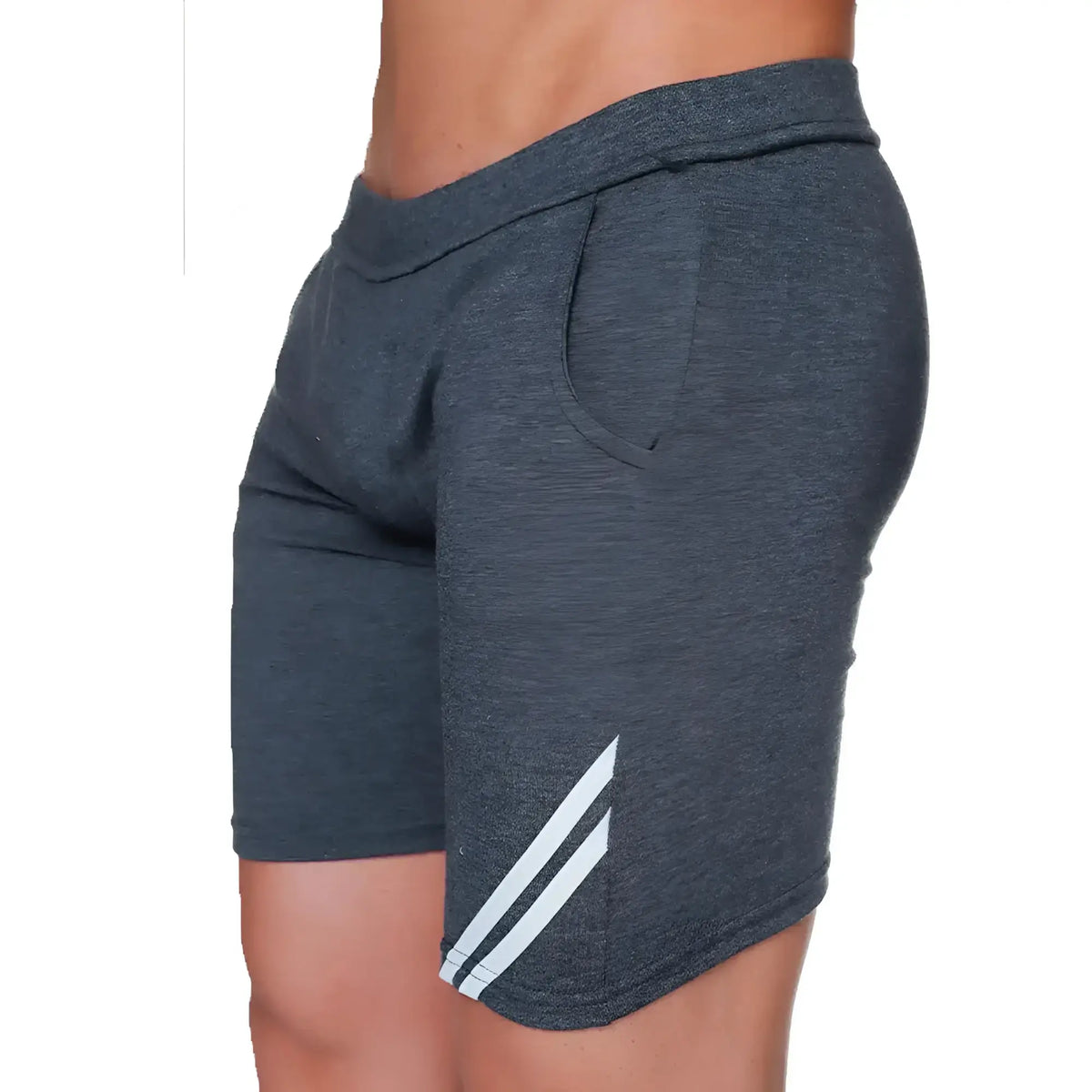 Gigo Forever Long gray shorts dark gray heathered athletic shorts with two white diagonal stripes on the side
