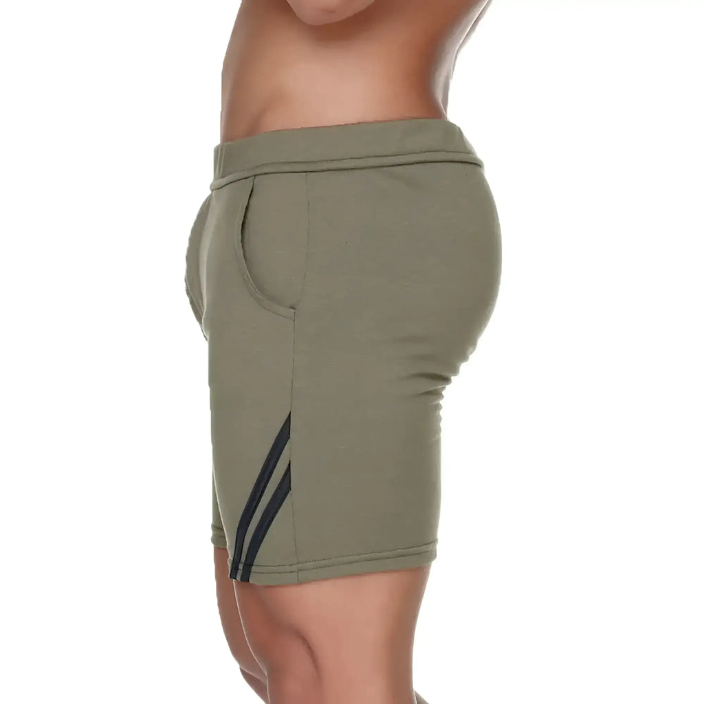 Gigo Forever Long green athletic shorts with black diagonal stripes on the side for active wear