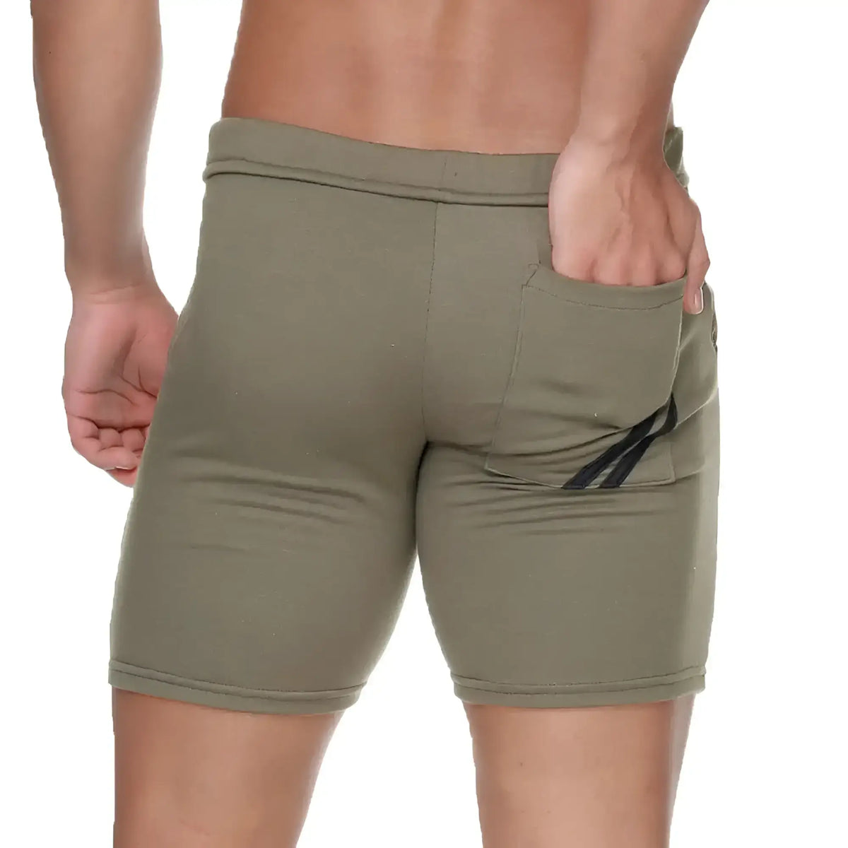 Back view of gigo forever long green olive athletic shorts with black diagonal stripe accent on the back pocket