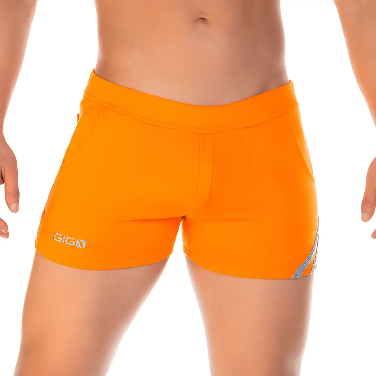 Bright orange Gigo Forever Orange Short swim trunks with sleek form-fitting design and subtle gray side accent panel