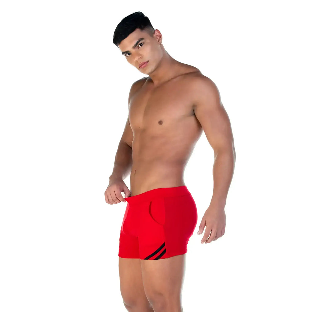 Red gigo forever athletic shorts with black diagonal stripes designed for sports and casual wear