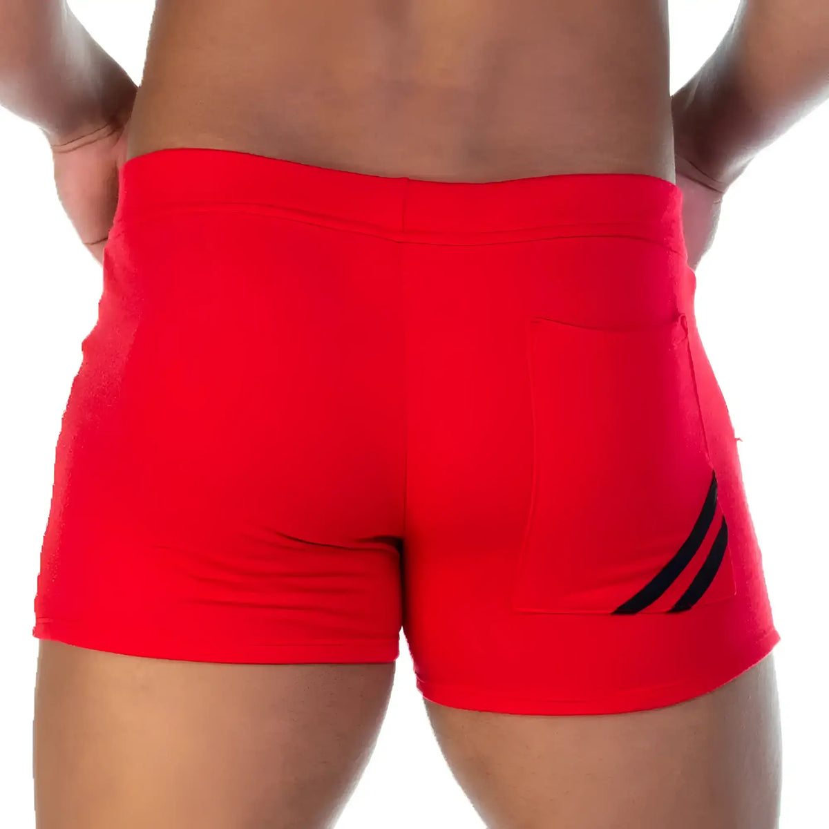 Bright red gigo forever red black athletic shorts with black diagonal stripes on side pocket for sports use