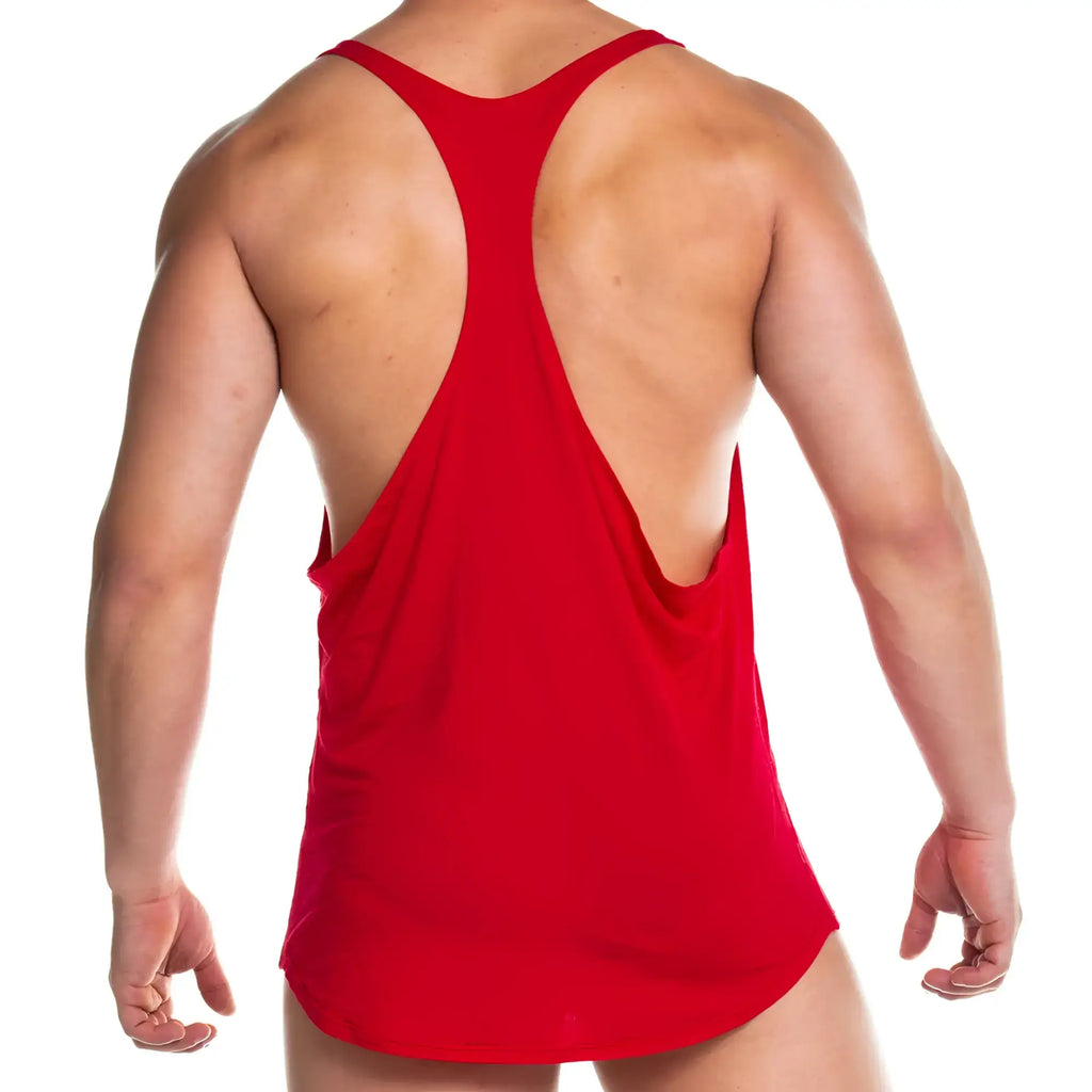 Red racerback tank top gigo forever red tank made of smooth stretchy fabric shown from the back side