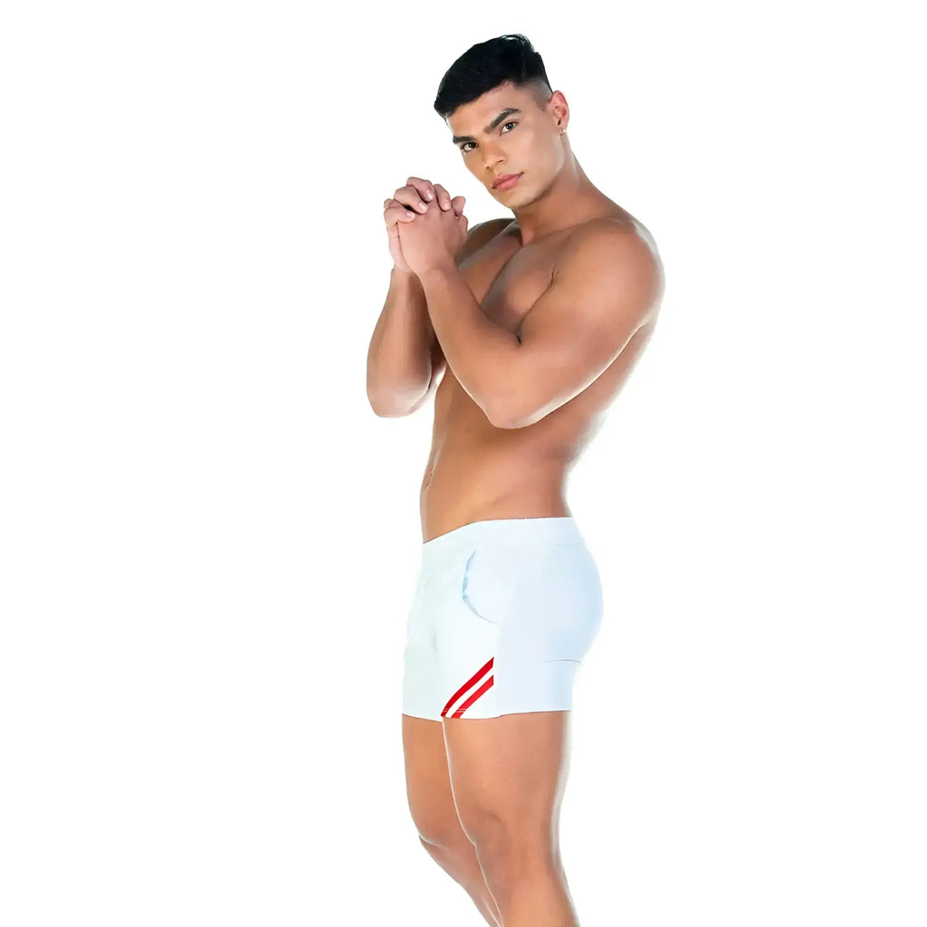 White athletic briefs gigo forever white red short with red diagonal stripes on the side for sportswear use