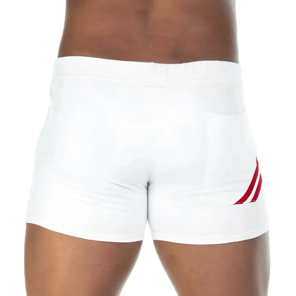 White athletic shorts gigo forever with red diagonal stripes on side pocket for casual sportswear